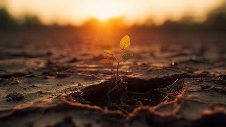 Plant seedling growing on cracked soil at sunset. Earth day conceptの素材