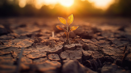 Plant seedling growing on dry cracked soil texture background with sunlightの素材