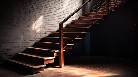 Wooden stairs in a dark room with brick wall.の素材