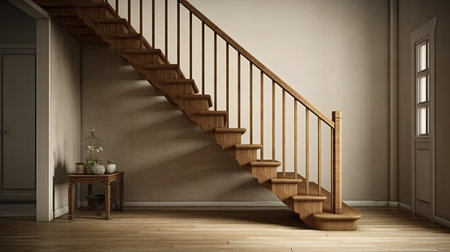 staircase in a room with wooden railingsの素材