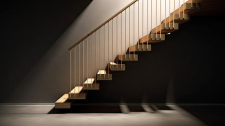 Conceptual image with wooden stairs in dark room.の素材