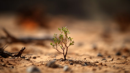 Young green plant growing on dry soil in the morning. Nature backgroundの素材