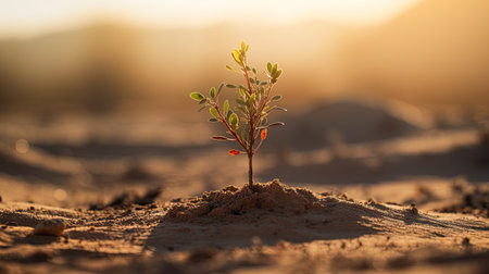Young sprout in the desert at sunset, concept of new lifeの素材