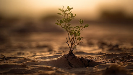 Plant growing on the ground with sunset in the background. Concept of global warming and climate change.の素材