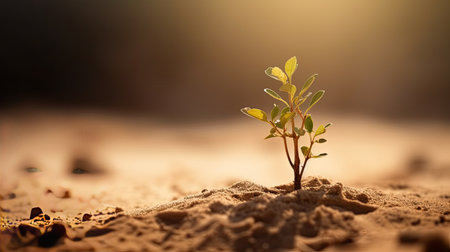 Small plant growing on the ground with sunset background. Ecology concept.の素材