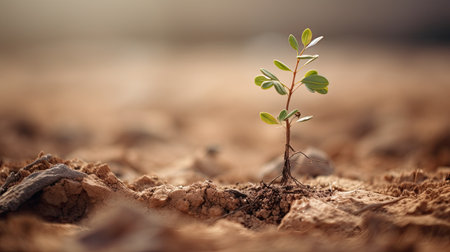 Young green plant growing on dry soil. Ecology and environment concept.の素材