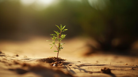 Young plant growing in the desert. Concept of new life and nature.の素材