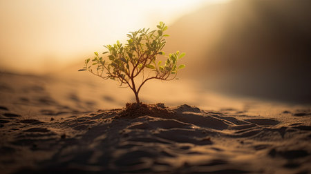 Small tree growing on sand dune in the desert with sunset.の素材