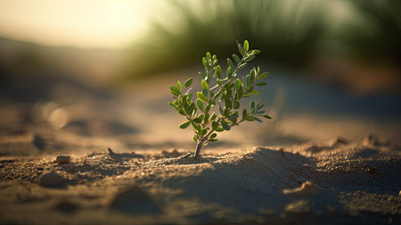 Small plant growing on the sand at sunset, shallow depth of fieldの素材