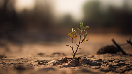 Young plant on dry ground in the morning. Concept of global warming and climate change.の素材