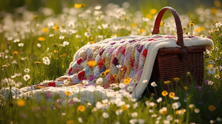 Wicker basket with knitted blanket on a meadow with flowersの素材