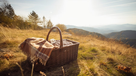 Picnic basket on the meadow in the mountains. Basket with picnic blanket.の素材