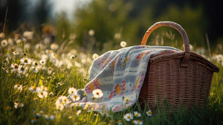 Picnic basket on the grass with daisies at sunset.の素材