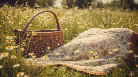 Picnic basket and blanket in the meadow with daisiesの素材