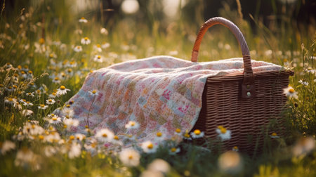 Wicker picnic basket on a meadow with daisies.の素材