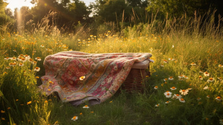 Picnic basket in the meadow with daisies and blanketの素材