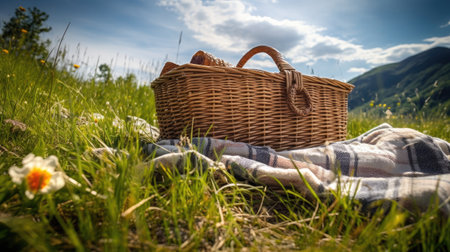 Picnic basket on the meadow with a blanket and daffodilsの素材