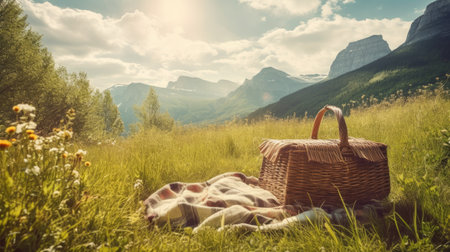 Picnic basket and blanket on meadow in Glacier National Park, Montana.の素材