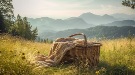 Picnic basket on a meadow in the mountains at sunrise.の素材