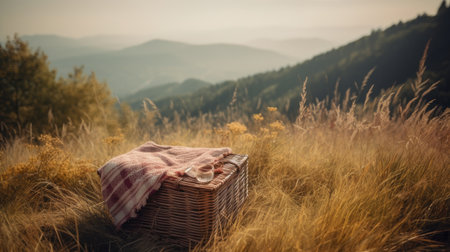 Picnic basket on a meadow in the mountains. Basket on the background of the mountainsの素材