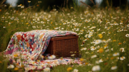 Picnic basket with plaid on top of a mountain range.の素材