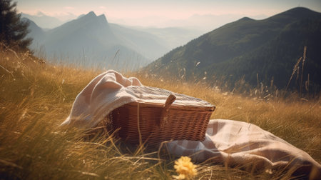 Picnic in the mountains. Picnic basket and blanket on the grassの素材