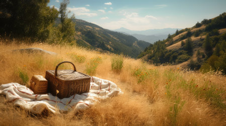 Picnic in the meadow with a wicker basket and colorful flowersの素材