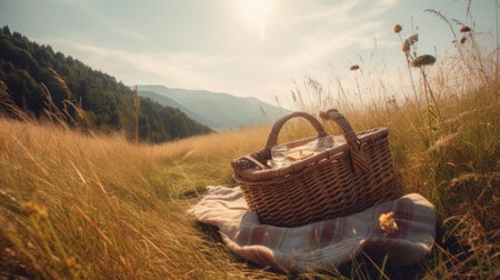 Picnic basket on the grassy meadow in the mountains.の素材