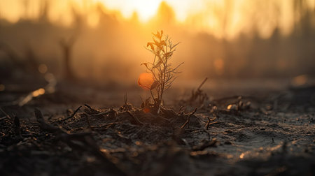Plant on the ground in the forest at sunset. Nature backgroundの素材