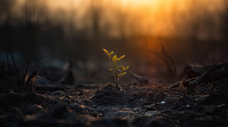 Young sprout growing in the ground at sunset. New life conceptの素材