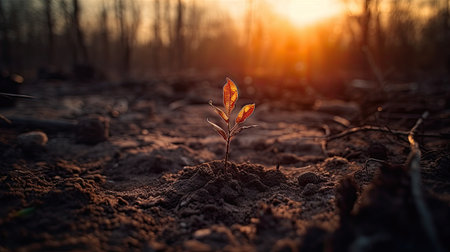 Plant seedling growing in soil at sunset. Concept of ecology and environmental conservation.の素材