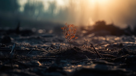 A small tree grows on the ground in the rays of the setting sunの素材