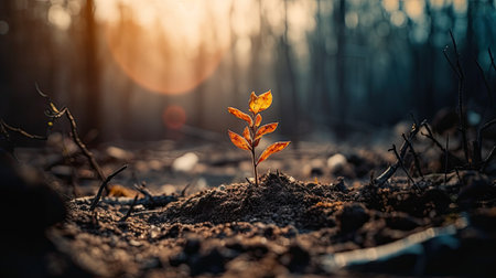 Young plant in the forest at sunset. Natural background. Selective focus.の素材