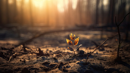 The first leaves of a tree in the spring forest at sunset.の素材