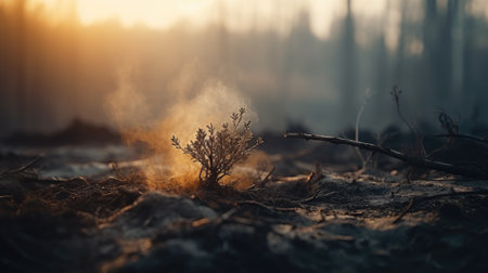 Dry grass on the ground in the forest at sunset. Nature backgroundの素材