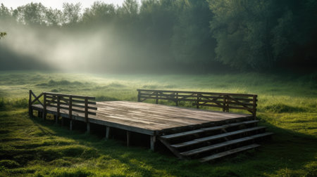 Wooden platform in a meadow in the morning fogの素材