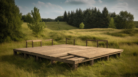 Wooden stage and chairs in the meadow.の素材