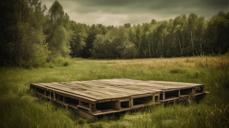 Wooden pallet on a background of green meadow and forestの素材