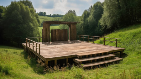 Wooden gazebo in the middle of a green meadowの素材