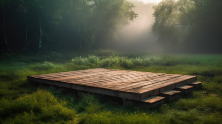 Empty wooden stage and benches on a foggy summer morning in the forestの素材