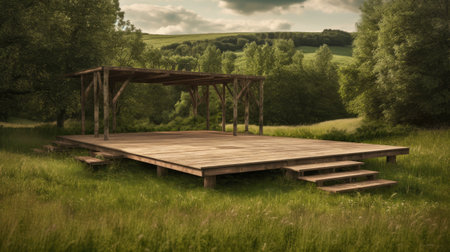 wooden stage in the middle of a green fieldの素材
