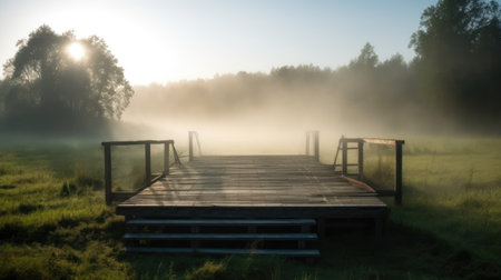 Wooden platform in the foggy meadow at sunrise.の素材