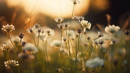 Beautiful meadow with white flowers at sunset. Nature background.の素材