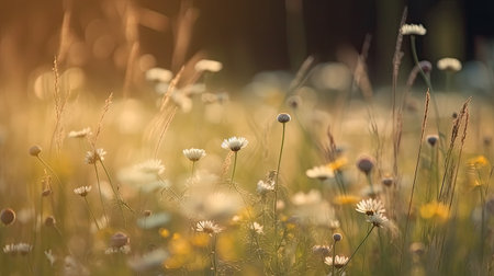 Field of daisies in the light of the setting sun.の素材