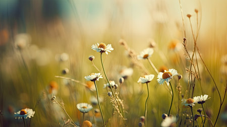 Field of daisies at sunset. Nature background. Vintage style.の素材