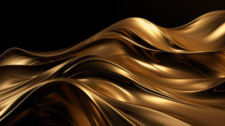 Golden abstract wavy liquid form on black background.の素材