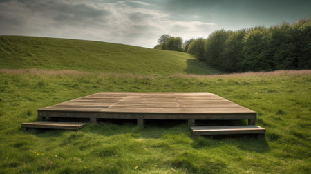 Wooden platform and benches on a hillsideの素材