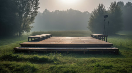 Wooden deck in a misty meadow with trees in the backgroundの素材