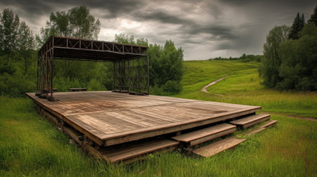 Wooden platform in a green meadow under a cloudy sky.の素材