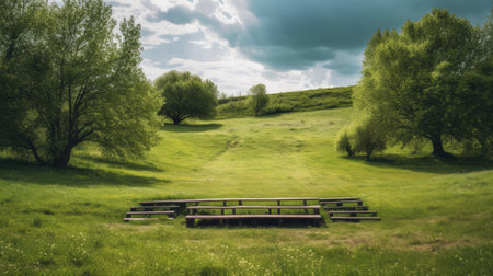 Wooden platform on a green meadow with trees and cloudy skyの素材
